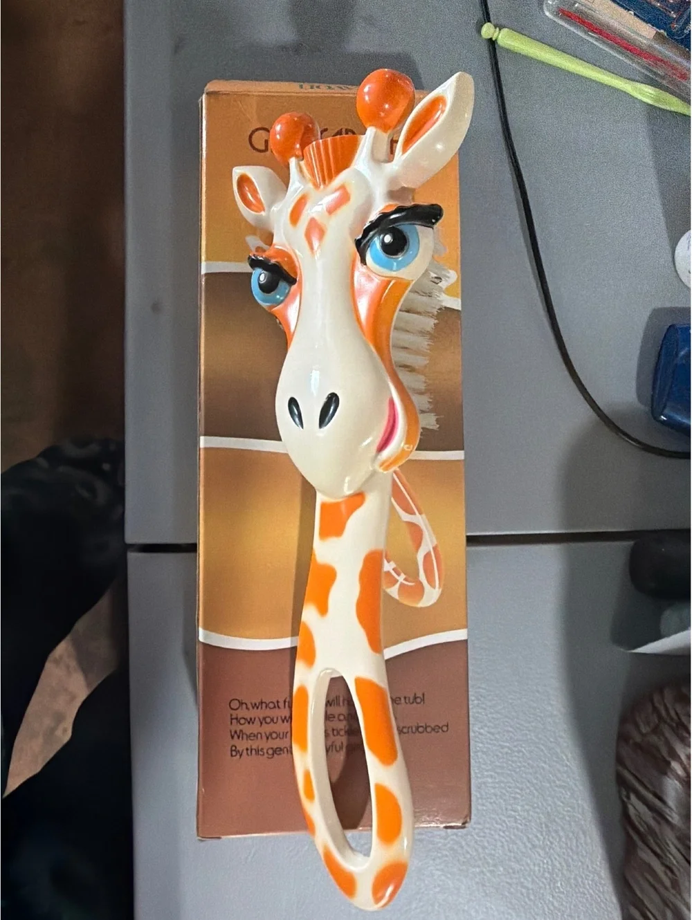 Vintage Giraffe Bath Brush with Blue Eyes and Long Handle